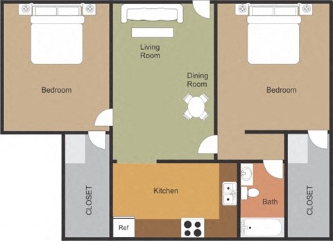Floor plan for 2 beds, 1 bath, 853 sqft